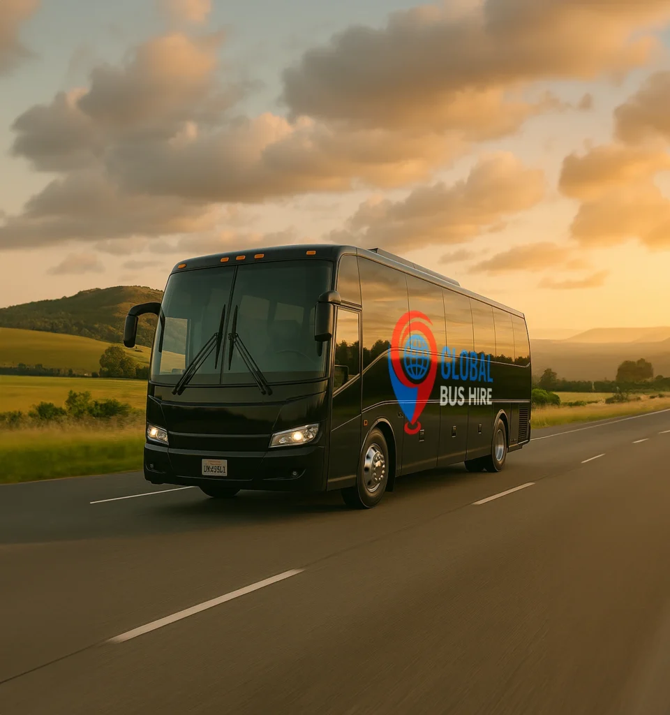 Luxury coach bus rental for corporate travel services. Luxury corporate travel services featuring a bus in Dubai. Premium bus charter service for international groups. Sleek white coach bus rental for executive travel